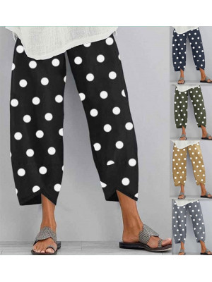 Womens Summer Polka Dot Ladies Cotton Linen Baggy Casual Harem Pants Trousers UK