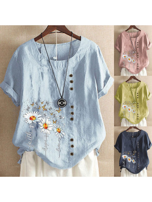 Womens Casual Daisy Short Sleeve Round Neck Loose Blouse T Shirt Buttons Tops UK