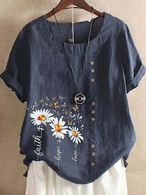 Womens Casual Daisy Short Sleeve Round Neck Loose Blouse T Shirt Buttons Tops UK