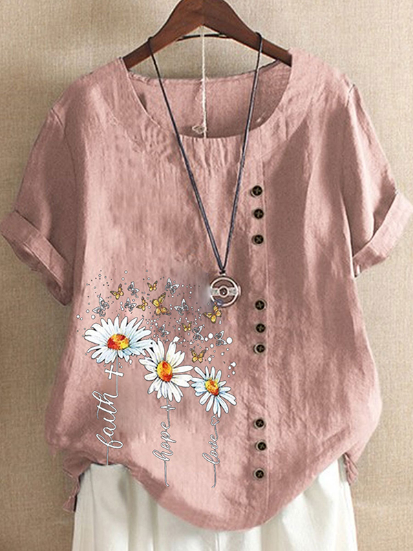 Womens Casual Daisy Short Sleeve Round Neck Loose Blouse T Shirt Buttons Tops UK