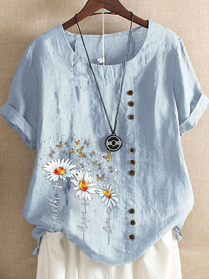 Womens Casual Daisy Short Sleeve Round Neck Loose Blouse T Shirt Buttons Tops UK