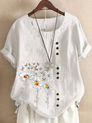 Womens Casual Daisy Short Sleeve Round Neck Loose Blouse T Shirt Buttons Tops UK