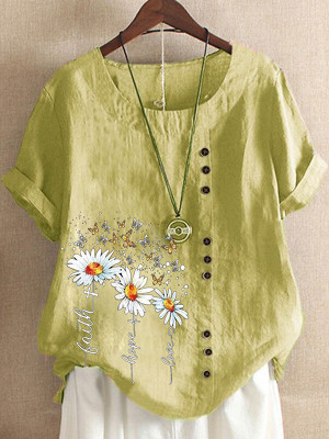 Womens Casual Daisy Short Sleeve Round Neck Loose Blouse T Shirt Buttons Tops UK