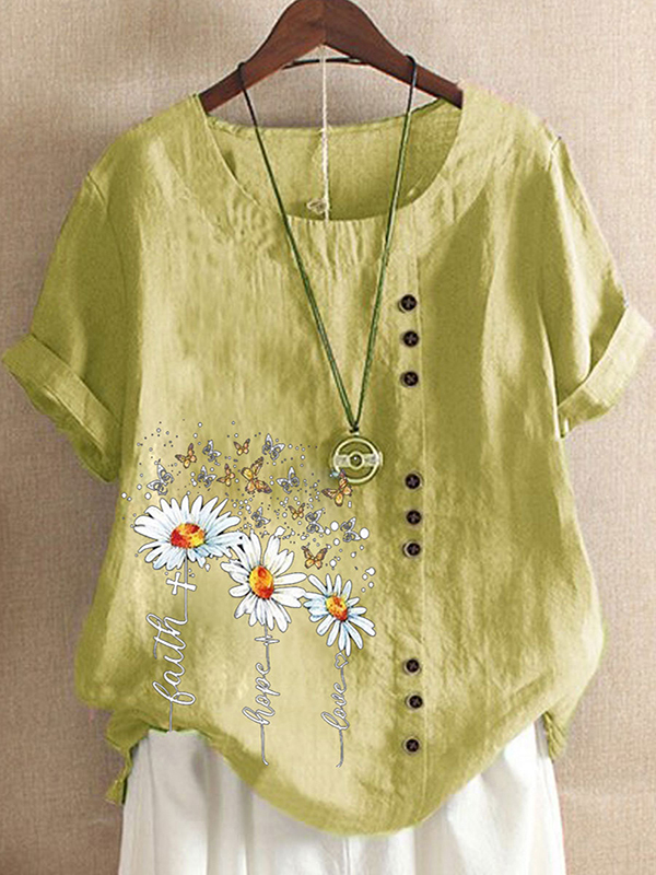 Womens Casual Daisy Short Sleeve Round Neck Loose Blouse T Shirt Buttons Tops UK