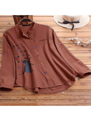 Women Casual Cat Butterfly Loose Long Sleeve Shirt Blouse Ladies Buttons Top Tee