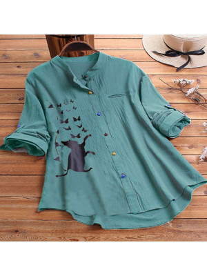 Women Casual Cat Butterfly Loose Long Sleeve Shirt Blouse Ladies Buttons Top Tee