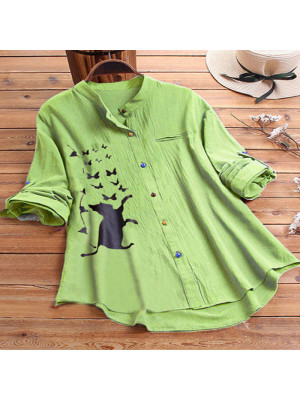 Women Casual Cat Butterfly Loose Long Sleeve Shirt Blouse Ladies Buttons Top Tee