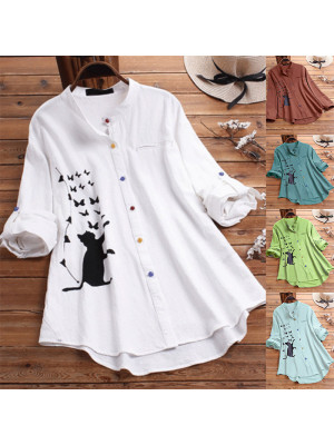 Women Casual Cat Butterfly Loose Long Sleeve Shirt Blouse Ladies Buttons Top Tee