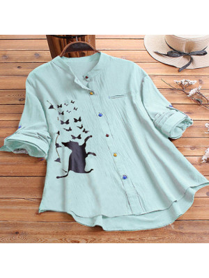 Women Casual Cat Butterfly Loose Long Sleeve Shirt Blouse Ladies Buttons Top Tee