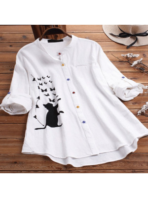 Women Casual Cat Butterfly Loose Long Sleeve Shirt Blouse Ladies Buttons Top Tee