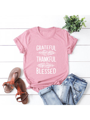 Women Short Sleeve Blouse Feather Letter Tops Round Neck Ladies Pullover T shirt