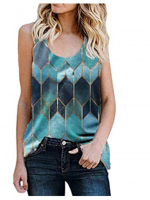 Womens Casual Geometry T Shirts Tank Round Neck Sleeveless Vest Blouse Tee Tops