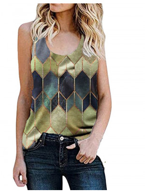 Womens Casual Geometry T Shirts Tank Round Neck Sleeveless Vest Blouse Tee Tops