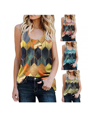 Womens Casual Geometry T Shirts Tank Round Neck Sleeveless Vest Blouse Tee Tops