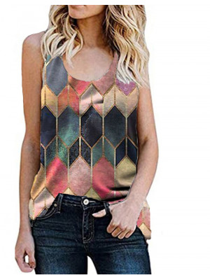 Womens Casual Geometry T Shirts Tank Round Neck Sleeveless Vest Blouse Tee Tops