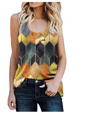 Womens Casual Geometry T Shirts Tank Round Neck Sleeveless Vest Blouse Tee Tops