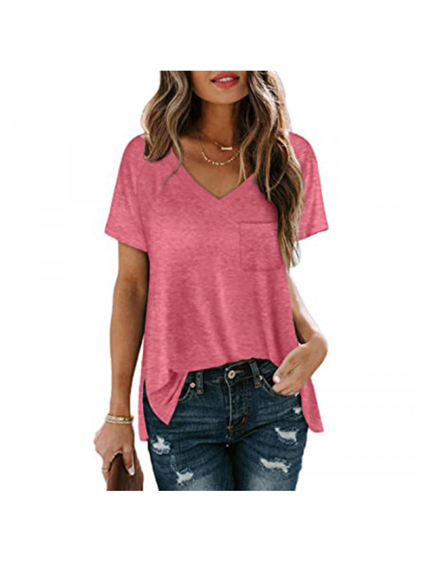 Womens Loose V Neck Pocket Pullover Short Sleeve Ladies T Shirts Blouse Tops UK