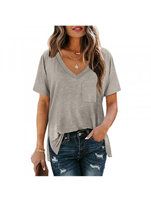 Womens Loose V Neck Pocket Pullover Short Sleeve Ladies T Shirts Blouse Tops UK