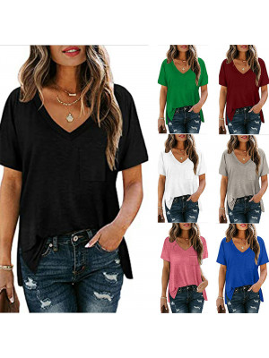 Womens Loose V Neck Pocket Pullover Short Sleeve Ladies T Shirts Blouse Tops UK