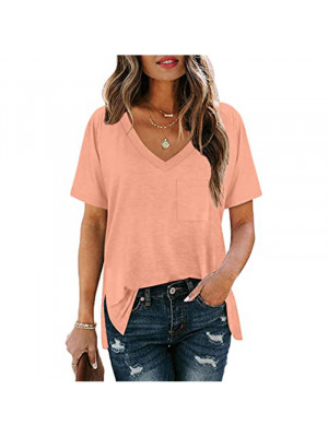 Womens Loose V Neck Pocket Pullover Short Sleeve Ladies T Shirts Blouse Tops UK