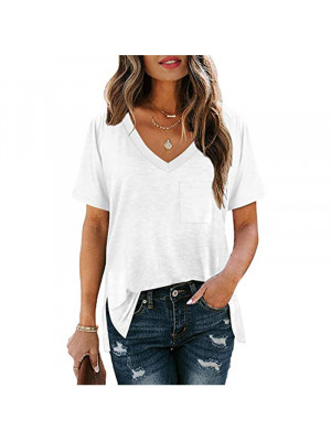 Womens Loose V Neck Pocket Pullover Short Sleeve Ladies T Shirts Blouse Tops UK