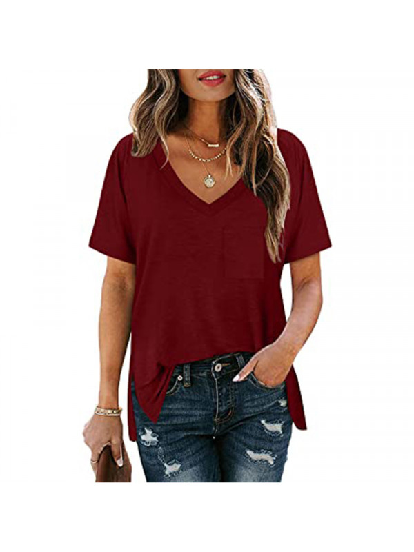 Womens Loose V Neck Pocket Pullover Short Sleeve Ladies T Shirts Blouse Tops UK