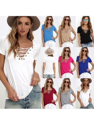 Ladies Short Sleeve Casual Tops Women Drawstring V Neck Tees Solid Blouse Shirts