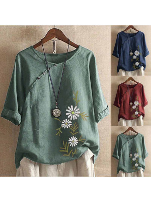 Ladies Floral Casual Baggy Tops Women Cotton Linen Blouse Shirt Half Sleeve Tees