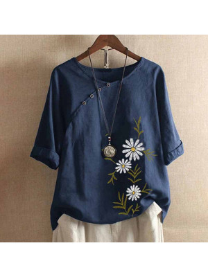 Ladies Floral Casual Baggy Tops Women Cotton Linen Blouse Shirt Half Sleeve Tees