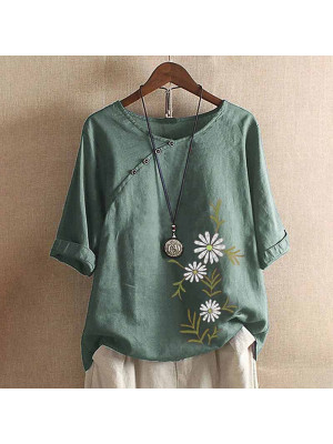 Ladies Floral Casual Baggy Tops Women Cotton Linen Blouse Shirt Half Sleeve Tees