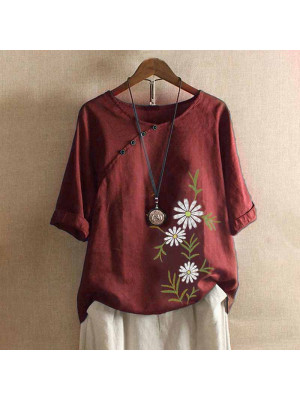 Ladies Floral Casual Baggy Tops Women Cotton Linen Blouse Shirt Half Sleeve Tees