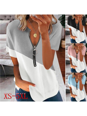 Ladies Casual Loose Zip Tops Women Short Sleeve V Neck Blouse Shirt Loose Tees