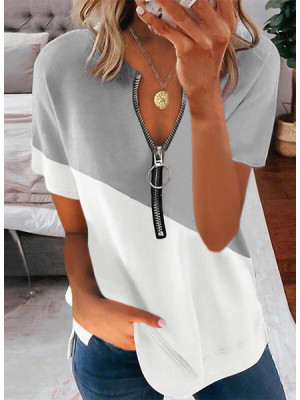 Ladies Casual Loose Zip Tops Women Short Sleeve V Neck Blouse Shirt Loose Tees