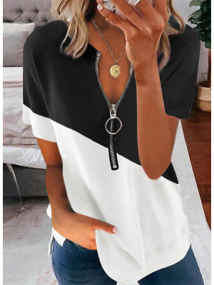 Ladies Casual Loose Zip Tops Women Short Sleeve V Neck Blouse Shirt Loose Tees