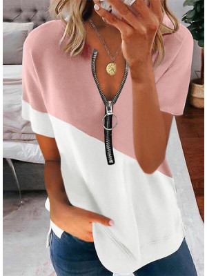 Ladies Casual Loose Zip Tops Women Short Sleeve V Neck Blouse Shirt Loose Tees