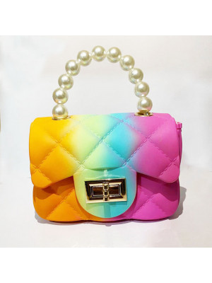 Ladies Gradual Rainbow Color PVC Bags Womens Pearl Mini Lovable Square Handbags