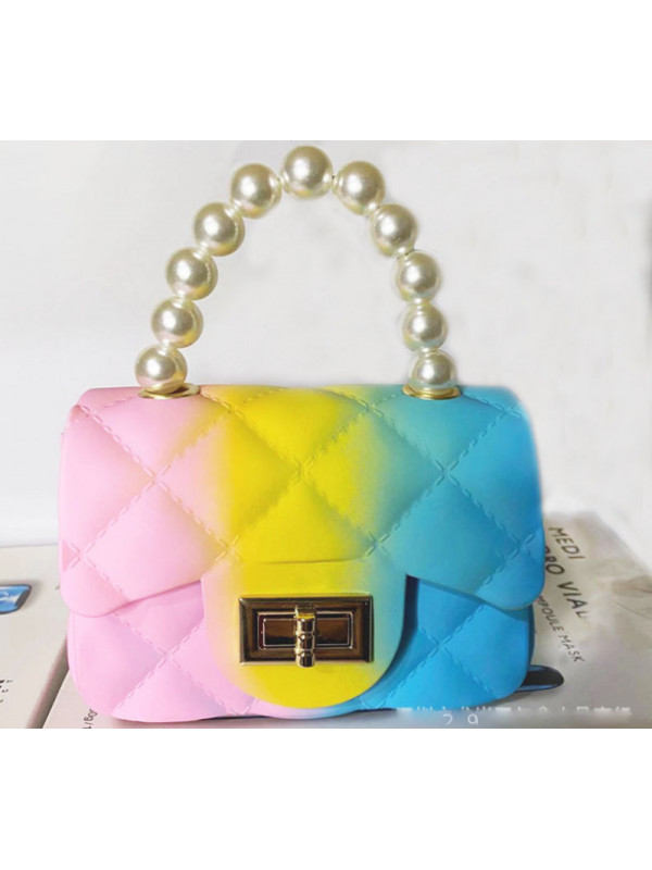 Ladies Gradual Rainbow Color PVC Bags Womens Pearl Mini Lovable Square Handbags