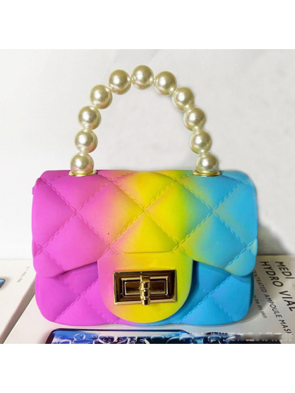 Ladies Gradual Rainbow Color PVC Bags Womens Pearl Mini Lovable Square Handbags