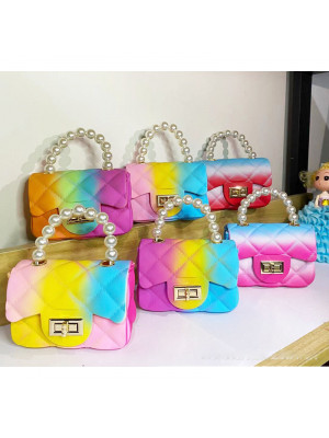 Ladies Gradual Rainbow Color PVC Bags Womens Pearl Mini Lovable Square Handbags