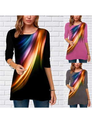 Women Round Neck Tops Blouse Pullover Slim Fit Tee Plus Size Long Sleeve T Shirt