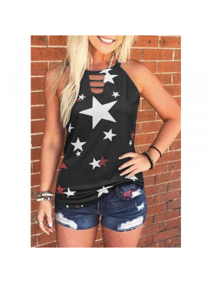 Womens Round Neck Star Printed Top Blouse Sleeveless Hollow Vest Summer T Shirt