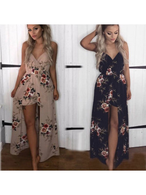 Women Sleeveless Summer Floral Long Dress Ladies V Neck Beach Holiday Sundress