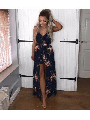 Women Sleeveless Summer Floral Long Dress Ladies V Neck Beach Holiday Sundress