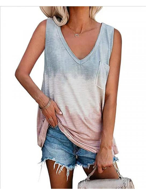 Womens V Neck Vest  Tops Sleeveless Tank Summer Casual Beach T-Shirt Tee Tie Dye