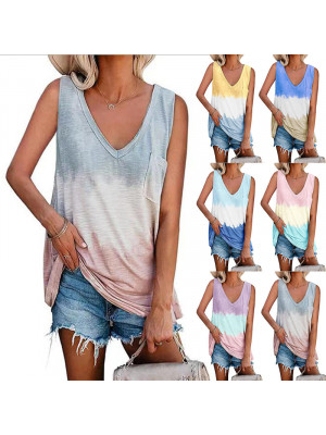 Womens V Neck Vest  Tops Sleeveless Tank Summer Casual Beach T-Shirt Tee Tie Dye