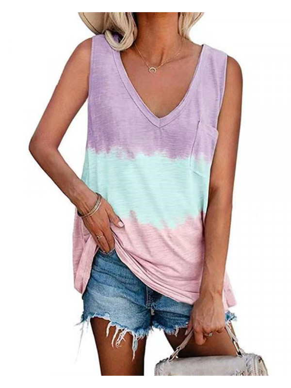 Womens V Neck Vest  Tops Sleeveless Tank Summer Casual Beach T-Shirt Tee Tie Dye