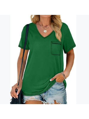 Womens Casual Pocket Short Sleeve V Neck Blouse Pullover Summer Shirts Tee Tops