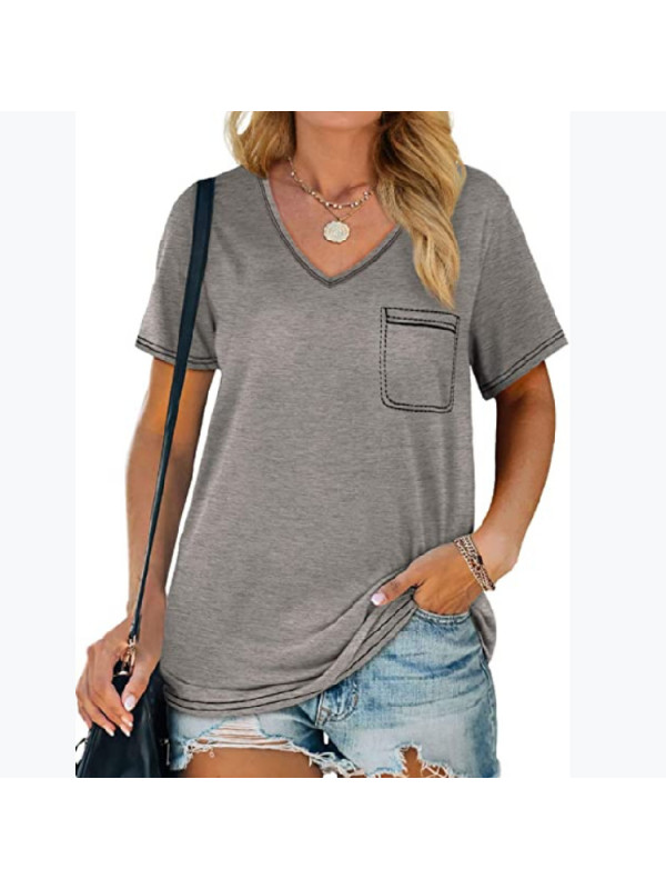 Womens Casual Pocket Short Sleeve V Neck Blouse Pullover Summer Shirts Tee Tops