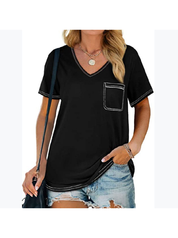 Womens Casual Pocket Short Sleeve V Neck Blouse Pullover Summer Shirts Tee Tops