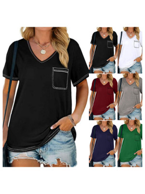 Womens Casual Pocket Short Sleeve V Neck Blouse Pullover Summer Shirts Tee Tops